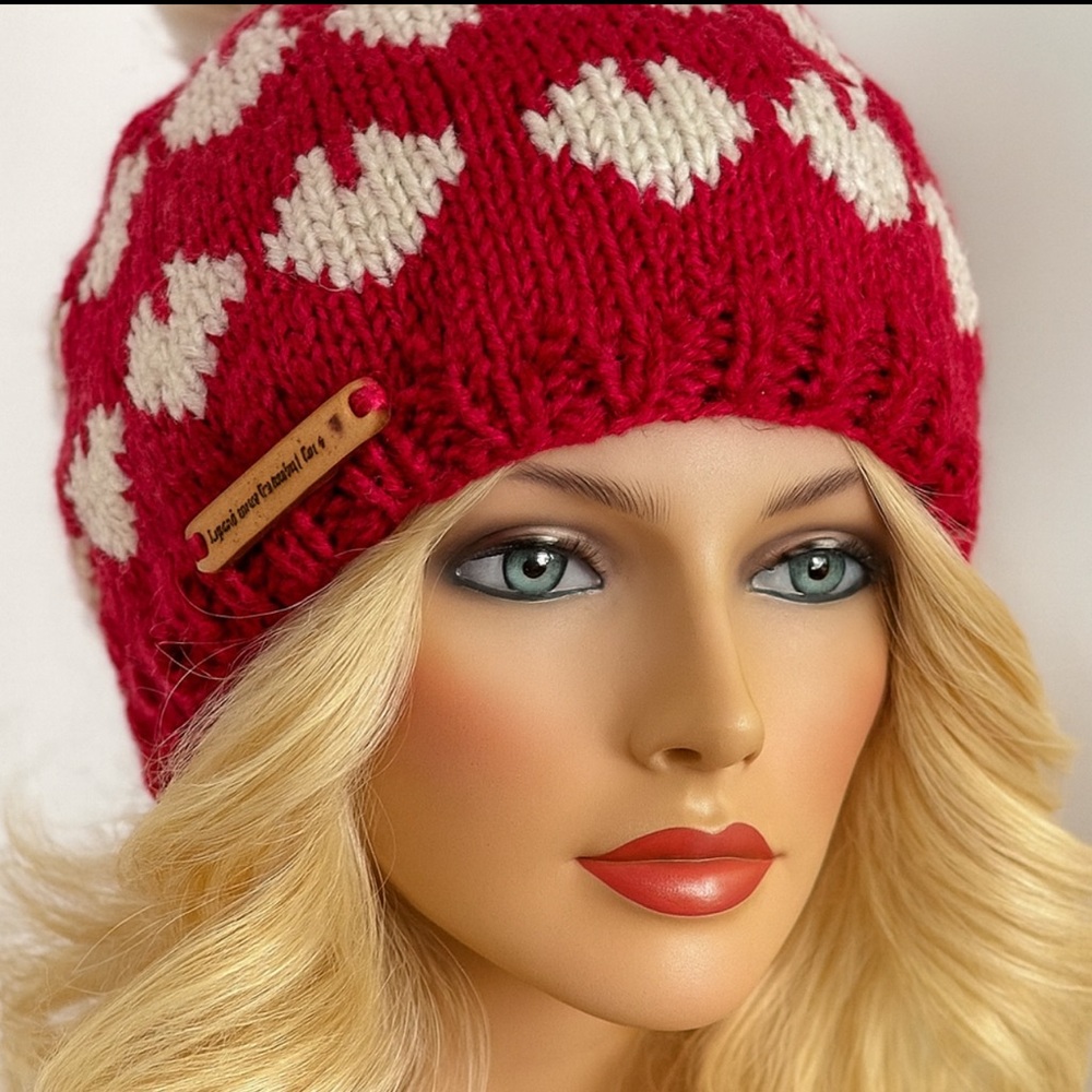 Hand Knits 2 Love Slouch Beanie Cap Hat Hearts Hip